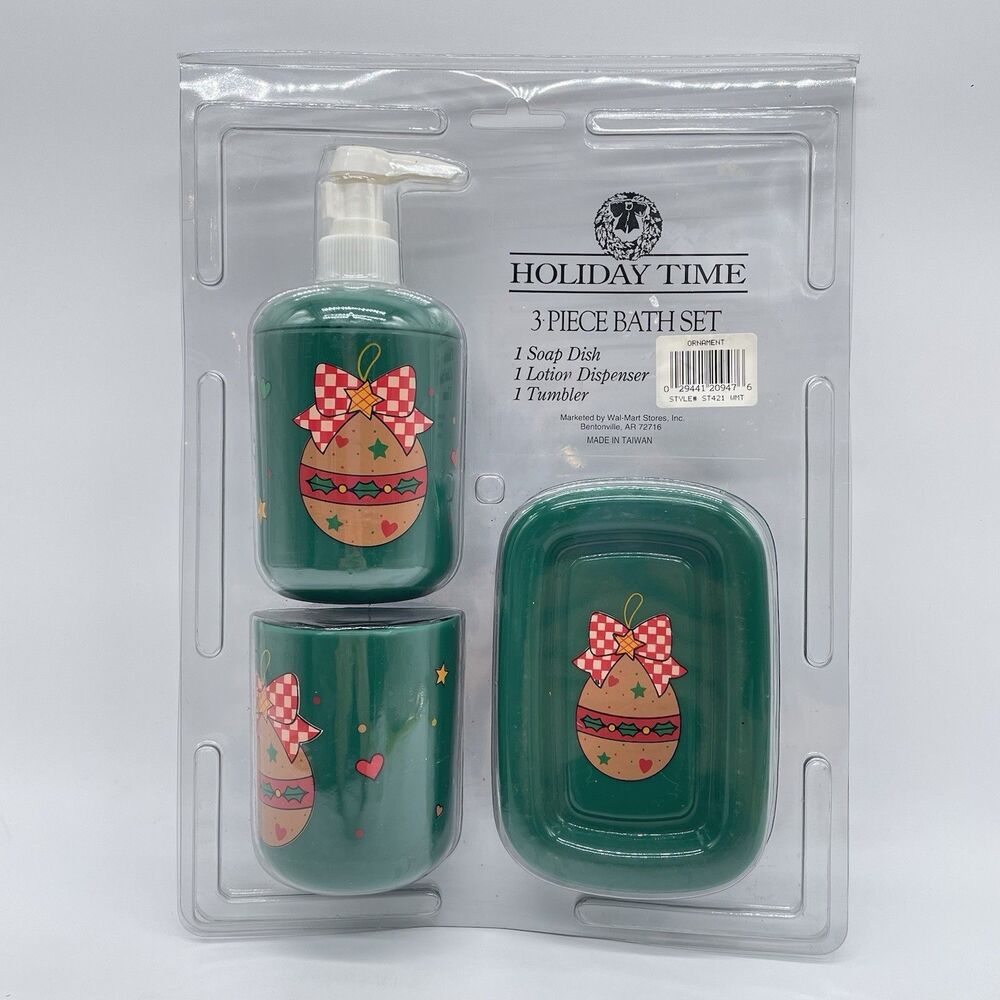 Holiday Time Christmas Ornament 3 Pc Bath Set Soap Dish Dispenser Tumbler NIP